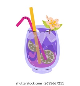 Fresh smoothie in doodle style. Delicious soft drink, lemonade, fruit juice, milkshake and mixed cocktail with ice. Refreshing summer beverage. Cartoon flat vector illustration isolated on background.