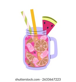 Smoothie fresco no estilo doodle. Refrigerante delicioso, limonada, suco de frutas, milkshake e coquetel misto com gelo. Bebida de verão refrescante. Ilustração vetorial plana de desenhos animados isolada no plano de fundo.