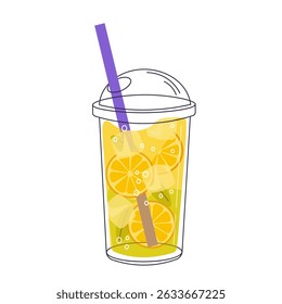 Fresh smoothie in doodle style. Delicious soft drink, lemonade, fruit juice, milkshake and mixed cocktail with ice. Refreshing summer beverage. Cartoon flat vector illustration isolated on background.