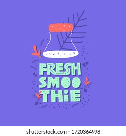 Fresh smoothie hand drawn vector illustration. Shredded vegetables and herbs in a glass bottle. Healthy lifestyle. For banner, sticker, poster, menu. Bright color.