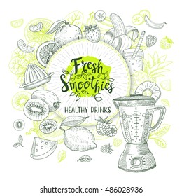 Fresh smoothie, healthy drinks logo. Sketch style. Lettering design. Calligraphy logotype. Hand drawn fruits, strawberry, banana, watermelon, lemon, orange, apple, pineapple, blender.