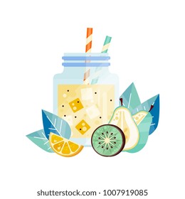 Fresh smoothie with lemon, kiwi and pear. Glass jar with ice cubes and drinking straws. Vegetarian cocktail. Healthy lifestyle. Natural beverage. Flat vector design