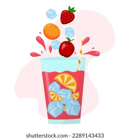 Fresh smoothie with orange, strawberry, red apple and ice in cartoon style. Cold juice or vitamin fresh