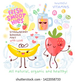 Fresh smoothie recipe cute kawaii characters. Fruits ingredients glass jar vitamin funny style. Strawberry banana smoothies berries leaves mint. Hand drawn vector illustration.