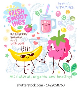 Fresh smoothie recipe cute kawaii characters. Fruits ingredients glass jar vitamin funny style. Banana raspberry mint berries juice smoothies green leaves mint. Hand drawn vector illustration.
