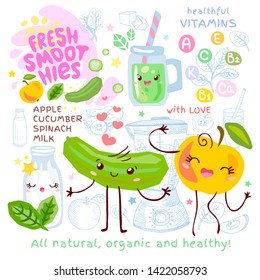 Fresh smoothie recipe cute kawaii characters. Fruits ingredients glass jar vitamin funny style. Apple cucumber milk spinach juice smoothies green leaves mint. Hand drawn vector illustration.