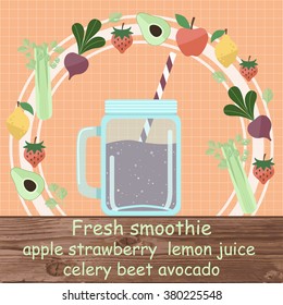 Fresh smoothie recipe. Healthy lifestyle flat illustration.