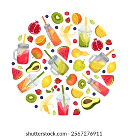 Fresh Smoothie Tasty Drink Round Composition Design with Bright Juicy Refreshment Vector Template