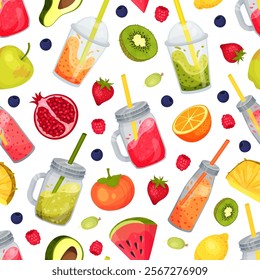 Fresh Smoothie Tasty Drink Seamless Pattern Design with Bright Juicy Refreshment Vector Template