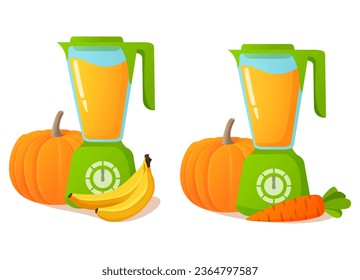 Fresh smoothies and freshly squeezed juices of pumpkin, carrot, banana.Electric juicer. Pumpkin fresh juice. A concept for vegetable healthy lifestyle for vegetarians and vegans. 