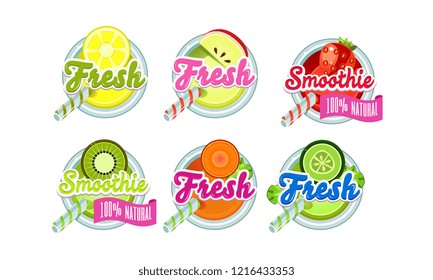 Fresh Smoothies Logo Set, Lemon, Apple, Strawberry, Kiwi, Orange, Lime Fresh Drink Badges Vector Illustration On A White Background