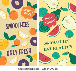 Recetas frescas para suavizar, comer e ingredientes saludables para la dieta. Apenas hoy banner promocional. Peras y manzanas, kiwi y sandía, melones y melones, rodajas de limones. Vector en ilustración de estilo plano