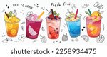 Fresh smoothies and sparkling drinks design with cute doodle decoration. Fruit refreshment and soft drinks in glasses. Vector illustration blended smoothie for logo, ads, promotion, marketing, banner.