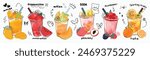 Fresh smoothies and sparkling drinks design with cute doodle decoration. Fruit refreshment and soft drinks in glasses. Vector illustration blended smoothie for logo, ads, promotion, marketing, banner.