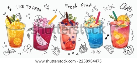 Fresh smoothies and sparkling drinks design with cute doodle decoration. Fruit refreshment and soft drinks in glasses. Vector illustration blended smoothie for logo, ads, promotion, marketing, banner.