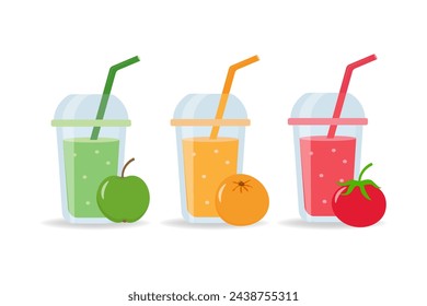 Fresh smoothies and sparkling drinks  Fruit refreshment and soft drinks in glasses. Vector illustration