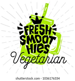 Fresh Smoothies Vegetarian Jar Colorful logo emblem ray shine Label poster stickers food jar smoothie sketch style fresh healthy ice cream organic. Hand drawn vector illustration.