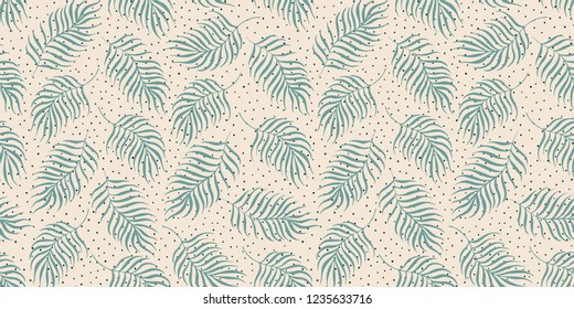 Fresh & soft palm leaf pattern, seamless vector repeat on light spotted background. Trendy minimal illustration style.