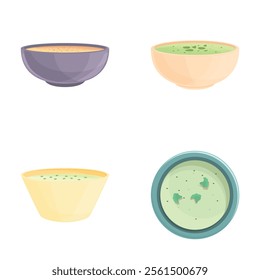 Fresh soup icons set cartoon vector. Bowl of tasty vegetable soup. Vegan dish, healthy nutrition