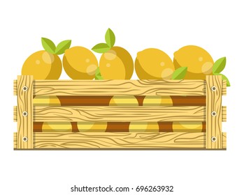 Fresh sour lemons with leaves in wooden box for sale