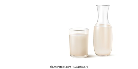 Fresh Soy milk with glass of milk and Bottle mock up isolated on white background. Realistic vector in 3D elements.