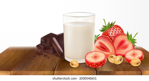 Fresh Soy milk with glass of milk and Strawberry, soybeans isolated on white background. Realistic vector in 3D elements.