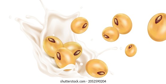 Fresh Soy milk splashing isolated on white background. Realistic vector in 3D elements.