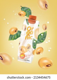 Fresh Soy milk splashing isolated on solid color background. Realistic vector in 3D elements. Packaging mockup.