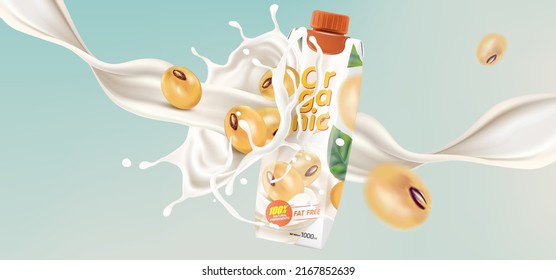 Fresh Soy milk splashing isolated on solid color background. Realistic vector in 3D elements. Packaging mock up.