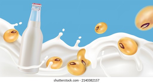 Fresh Soy milk splashing with Soybean isolated on solid color background. Realistic vector in 3D elements.