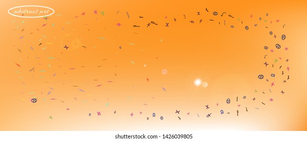 Fresh space and signs confetti. Background texture. Funny colorific illustration. Colorful great space Ultra Wide background. Colorful pure abstraction. Orange red main theme.