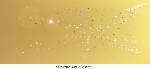 Fresh space and signs confetti. Background color. Professional colorific illustration. Remarkable Ultra Wide universe background. Colorful pristine abstraction. Gold colored.