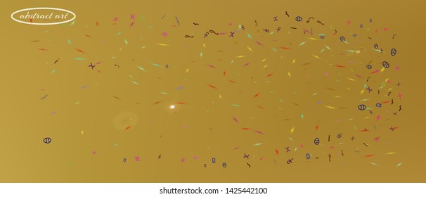 Fresh space and signs confetti. Signs colorific illustration. Background texture. Ultra Wide background art inspire. Colorful crisp abstraction. Gold colored.