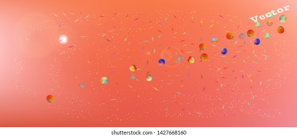 Fresh space and signs confetti. Funny colorific illustration. Background modern. Abstract universe and signs Ultra Wide background illustration. Colorful new abstraction. Coral main color.