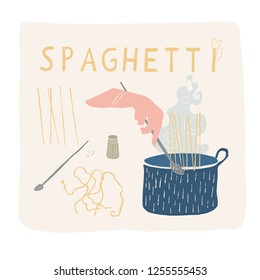 Fresh Spaghetti Day Hand Drawn Vector Illustration Icon Set. Isolated Pasta Noodles in Cook Pot Boiling in Salt, Water, Steam. For Cookery Blog, Traditional Italian Restaurant Menu, Hot Food Packaging