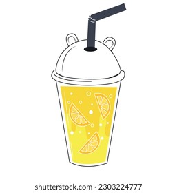 Fresh sparkling drinks design with cute doodle decoration. Fruit refreshment and soft drinks in glasses. Vector illustration blended smoothie for logo, ads, promotion, marketing, banner.