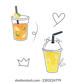 Fresh sparkling drinks design with cute doodle decoration. Fruit refreshment and soft drinks in glasses. Vector illustration blended smoothie for logo, ads, promotion, marketing, banner.