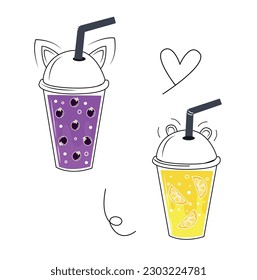 Fresh sparkling drinks design with cute doodle decoration. Fruit refreshment and soft drinks in glasses. Vector illustration blended smoothie for logo, ads, promotion, marketing, banner.