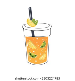 Fresh sparkling drinks design with cute doodle decoration. Fruit refreshment and soft drinks in glasses. Vector illustration blended smoothie for logo, ads, promotion, marketing, banner.