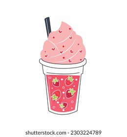 Fresh sparkling drinks design with cute doodle decoration. Fruit refreshment and soft drinks in glasses. Vector illustration blended smoothie for logo, ads, promotion, marketing, banner.