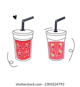 Fresh sparkling drinks design with cute doodle decoration. Fruit refreshment and soft drinks in glasses. Vector illustration blended smoothie for logo, ads, promotion, marketing, banner.