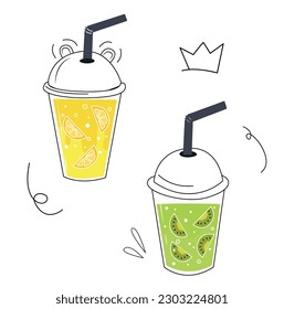 Fresh sparkling drinks design with cute doodle decoration. Fruit refreshment and soft drinks in glasses. Vector illustration blended smoothie for logo, ads, promotion, marketing, banner.