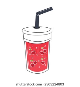 Fresh sparkling drinks design with cute doodle decoration. Fruit refreshment and soft drinks in glasses. Vector illustration blended smoothie for logo, ads, promotion, marketing, banner.