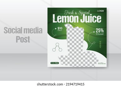 fresh and special organic lemon juice drinks social media post eye catching ads design or corporate business restaurant food menu online square web banner template for summer sale promotion.