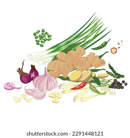 Fresh spices vector set illustration isolated on white background. Green onion. Garlic. Ginger. Lemongrass. Onion. Shallot. Peppercorn. Chilli. Cartoon style. Spices and herbs vector set.