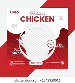 Fresh and spicy delicious chicken social media post design template, Fast food social media post, delicious chicken or poster, Fresh and spicy food flyer design, free Delivery.