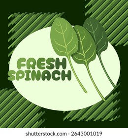 Fresh Spinach Day to celebrate on July 16th. Several spinach leaves and bold text in oval frame on dark green background. Vegetable event banner.