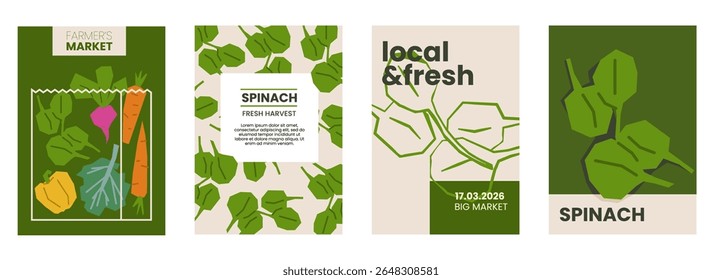Ilustração de espinafre fresco. Cartazes simples com legumes folhosos para a publicidade de mercado dos agricultores. Modelos de vetor com copyspace. Conjunto de especiarias colhidas em estilo plano e desenhado à mão mínima. 