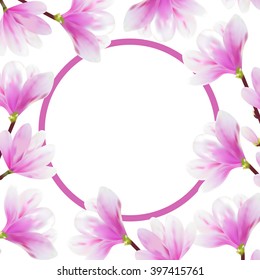 Fresh spring background with blossom brunch of Magnolia and frame. Vector.