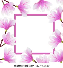 Fresh spring background with blossom brunch of Magnolia and frame. Vector.